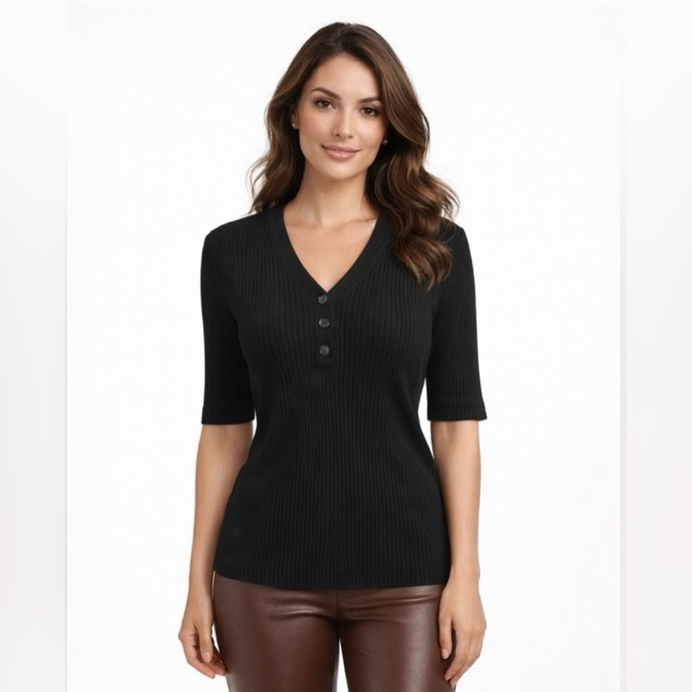 MICHAEL STARS Jeanny Black Ribbed Henley Top Size M NWOT